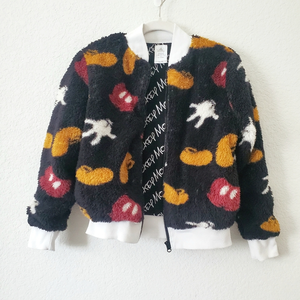 Disney Store Black Mickey Soft Teddy Fleece Zip Up Crop Bomber Sweater Jacket XS - Picture 7 of 15